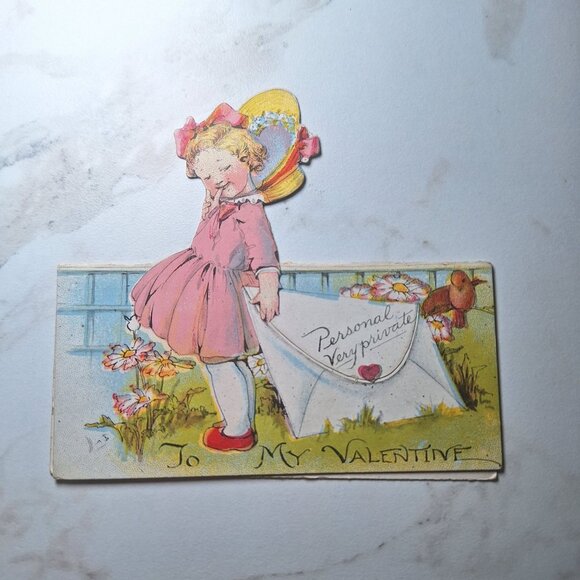 Vintage Valentine Cut Out Card Featuring Girl With Heart Ephemera Junk Journal - Picture 1 of 6